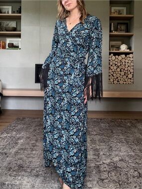 Rustydustyy Long Sleeve Blue Paisley Wrap Maxi Dress s-XL